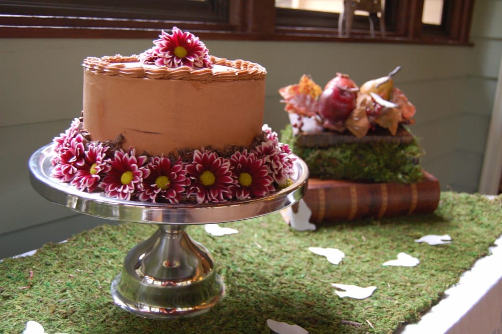 Decorated cake and moss scene